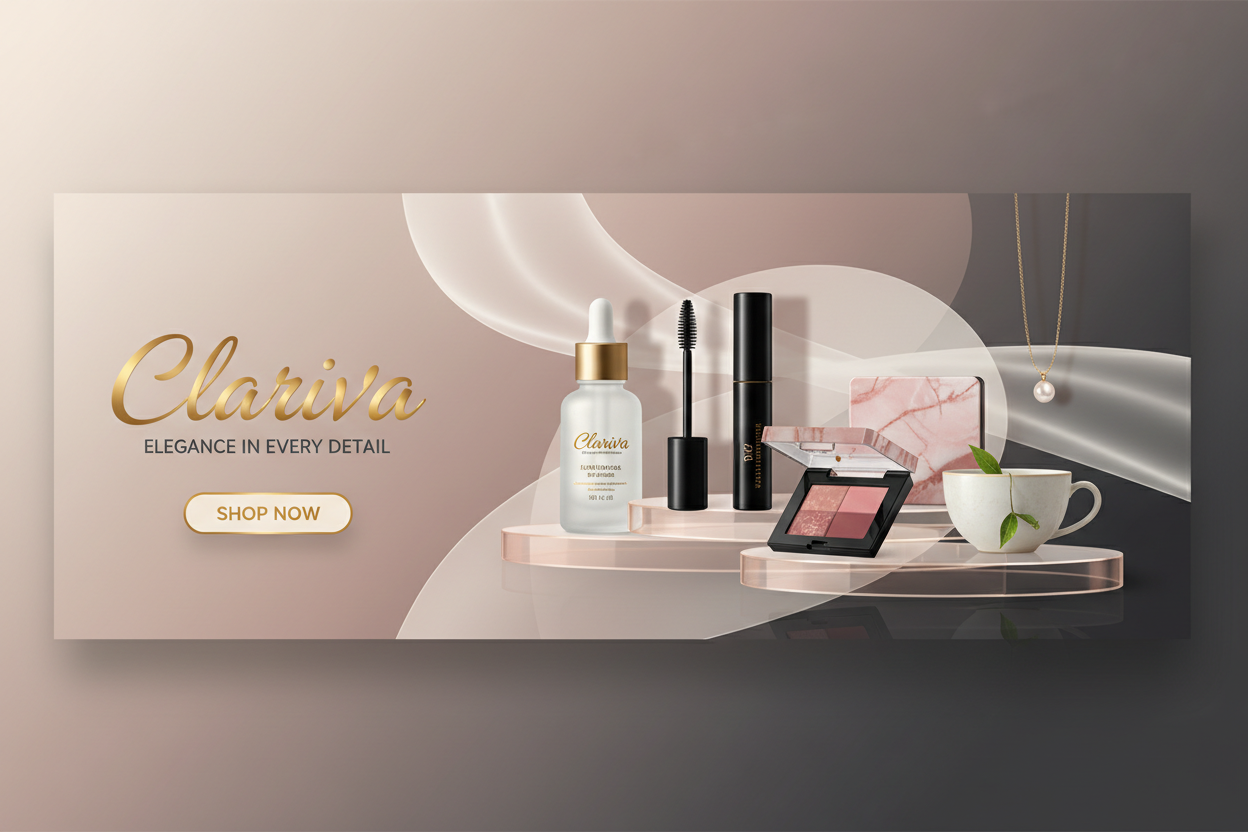 Generate a amazing banner image that best fit with the store name "Clariva" and the product with image of some product in it